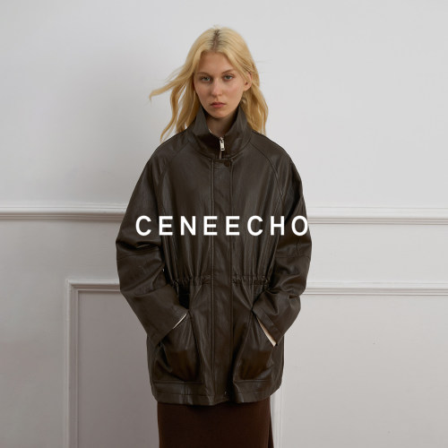 CENEECHO立领拉链收腰皮衣外套