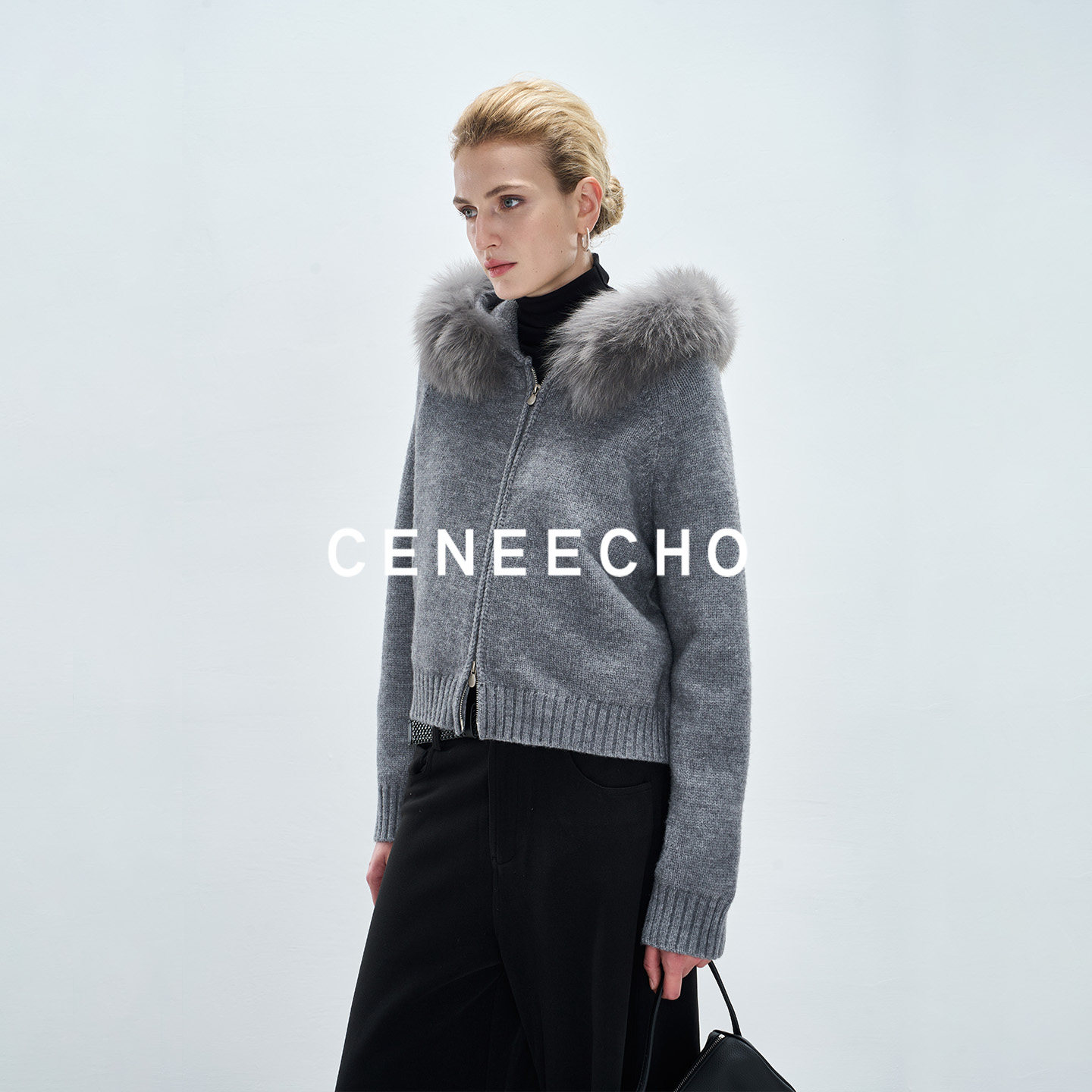 CENEECHO设计感拉链开衫短款毛衣女长袖连帽毛领加厚外套松弛感
