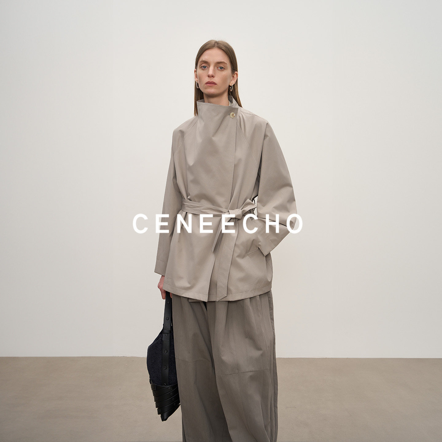 CENEECHO亚麻立领一粒扣风衣女新款廓形通勤长袖系带外套高级感