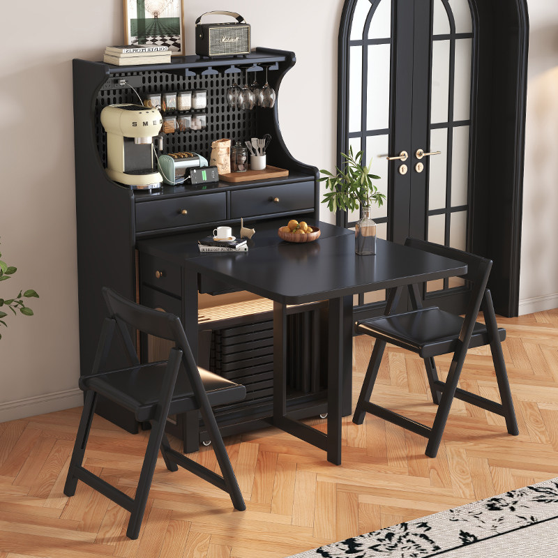 实木折叠餐桌黑色折叠餐桌实木餐边柜靠墙一体餐椅中古色储物柜