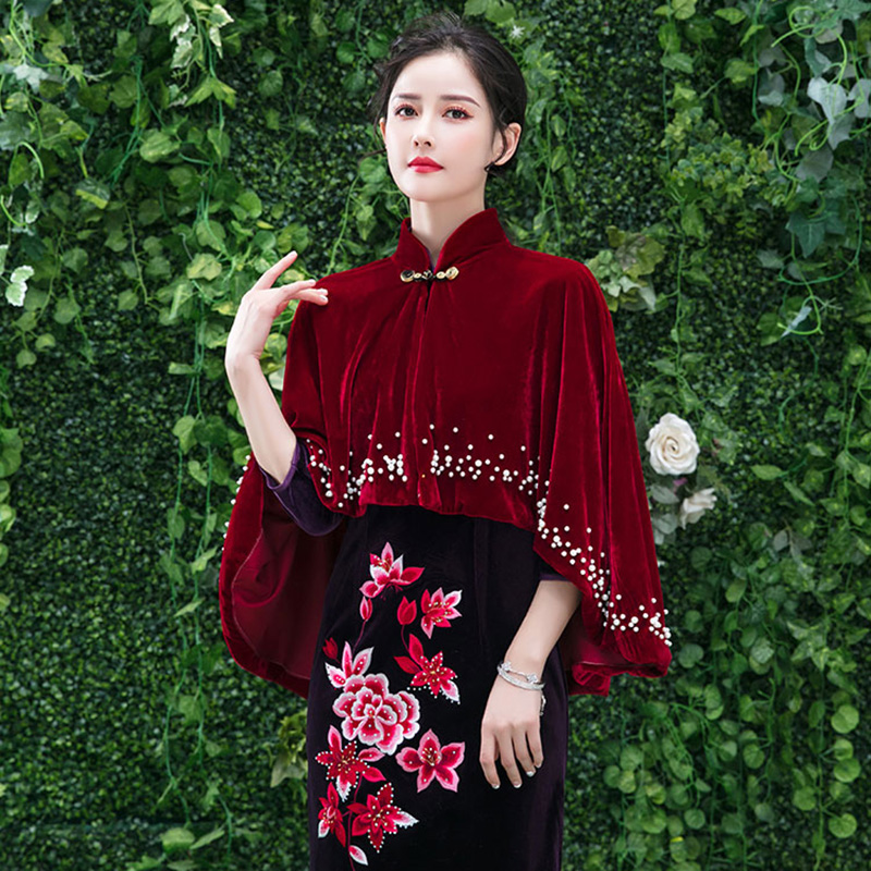 极速金丝绒小斗篷春秋o妈妈旗袍披肩外套礼仪结婚礼服女式外搭短