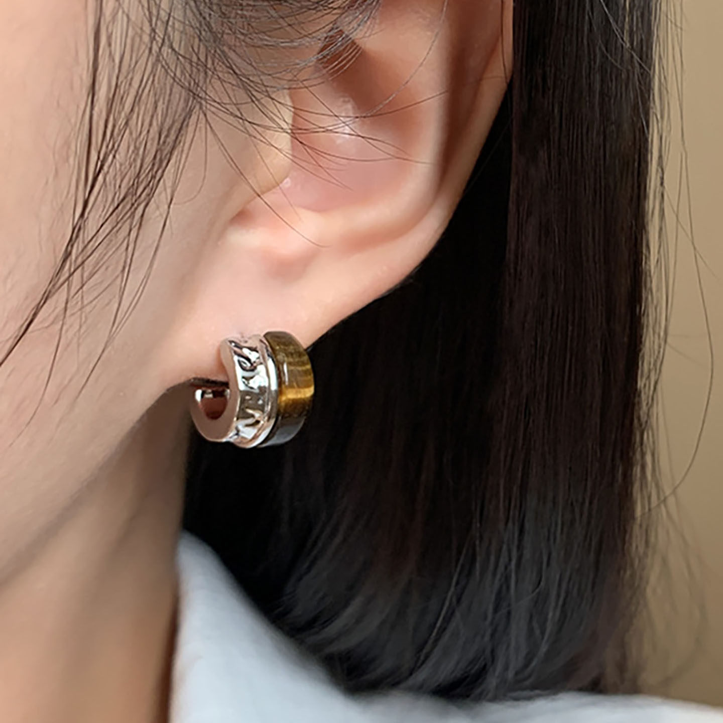 轻奢复古银针美拉德虎眼石金色双环耳圈女高端小众设计感耳环耳饰