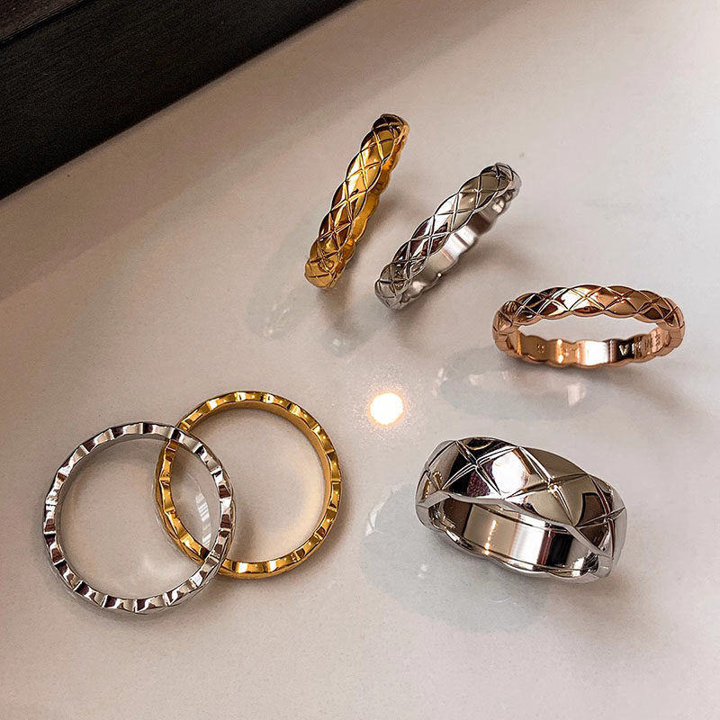 小香风玫瑰金银色菱格纹素圈戒指