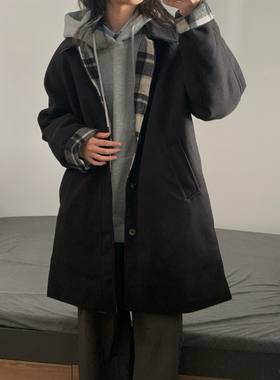 WTMP日系复古格子拼接黑色毛呢大衣男女秋冬中长款连帽加厚外套