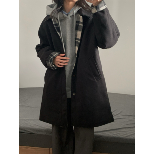 WTMP日系复古格子拼接黑色毛呢大衣男女秋冬中长款连帽加厚外套