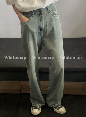 wtmp秋季复古慵懒水洗做旧蓝牛仔裤男女潮牌直筒拖地阔腿显瘦长裤