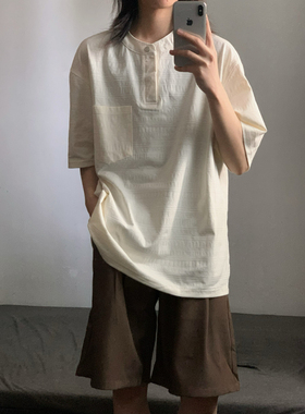 wtmp夏季日系复古亨利领短袖T恤男女潮牌宽松提花设计休闲上衣