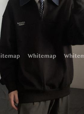 wtmp日系复古拼接牛仔领半拉链刺绣卫衣男女潮牌宽松休闲翻领上衣