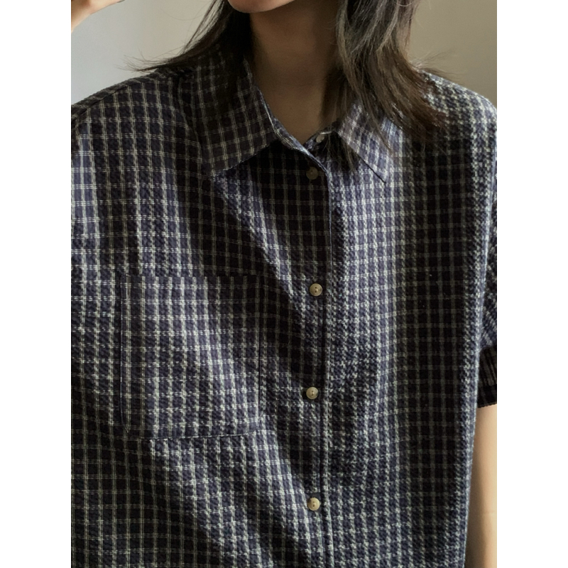 WM日系复古蓝格泡泡纱短袖衬衫