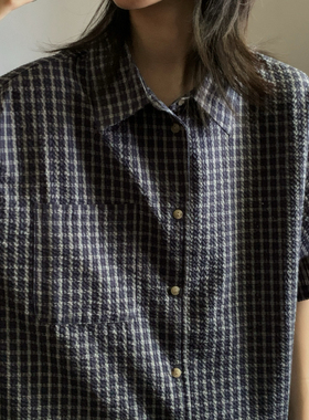 wtmp夏季日系复古蓝格泡泡纱短袖衬衫男女潮牌宽松老钱风质感衬衣