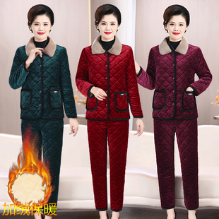 速发妈妈装冬季宽绒棉衣棉裤套装中格年加松大码棉袄老子棉服两件