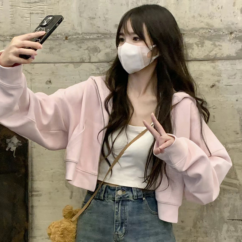 速发短款开衫卫衣20爆4新款小秋款粉色薄款拉链初2款春个子连帽外