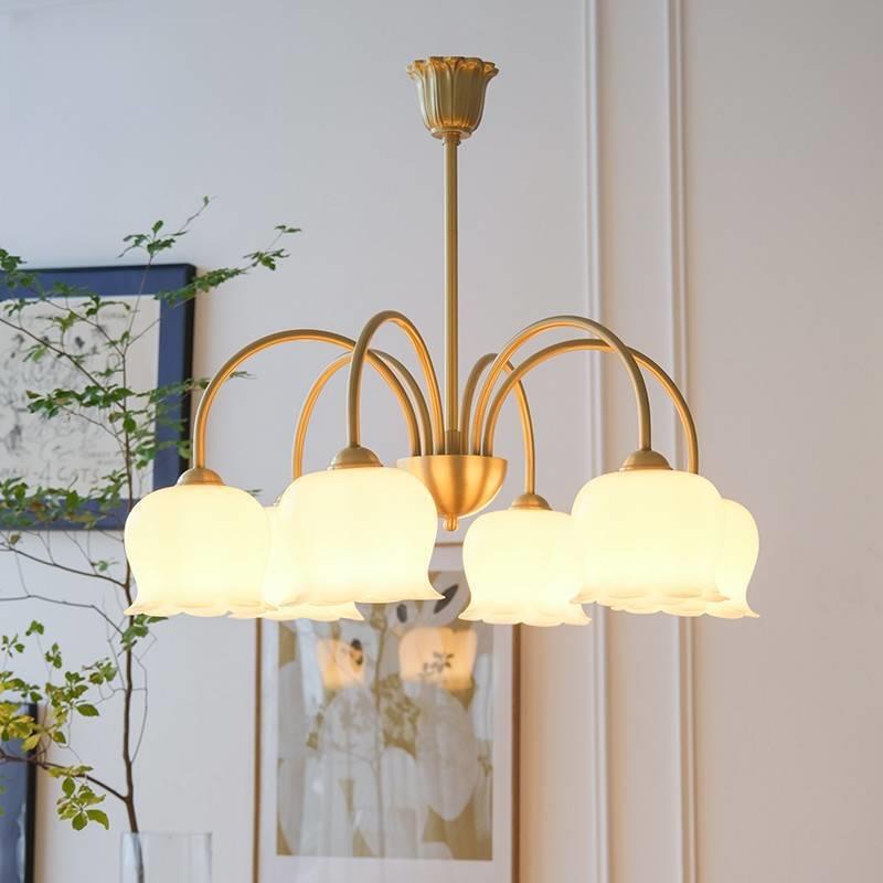 新款美式轻奢全铜奶油铃兰花法式吊灯设计师客厅餐厅卧室复古吊灯