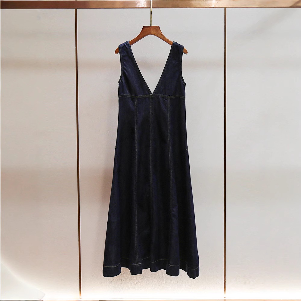 SP家夏季新款法式休闲风拉链设计感A字露背长款背心牛仔连衣裙女