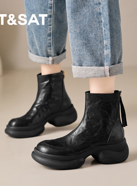 星期六新款冬季复古增高时装靴女厚底圆头瘦瘦靴子高帮黑色小短靴