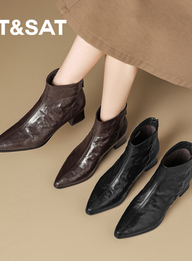 星期六2026新款法式复古尖头短靴女厚底舒适百搭时装靴粗跟不累脚