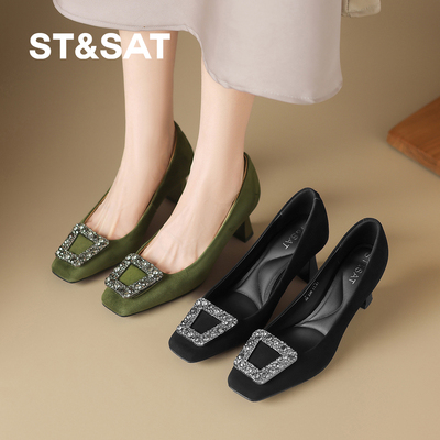 星期六复古方头百搭气质水钻浅口单鞋女软底不累脚夏季上班通勤鞋