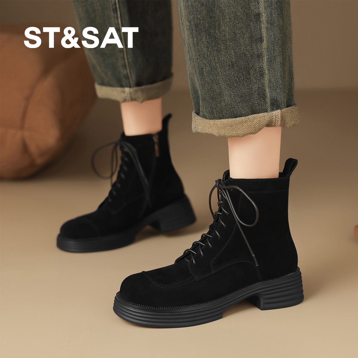 星期六厚底短靴女春秋单靴马丁靴2025新款秋季高跟靴子弹力瘦瘦靴