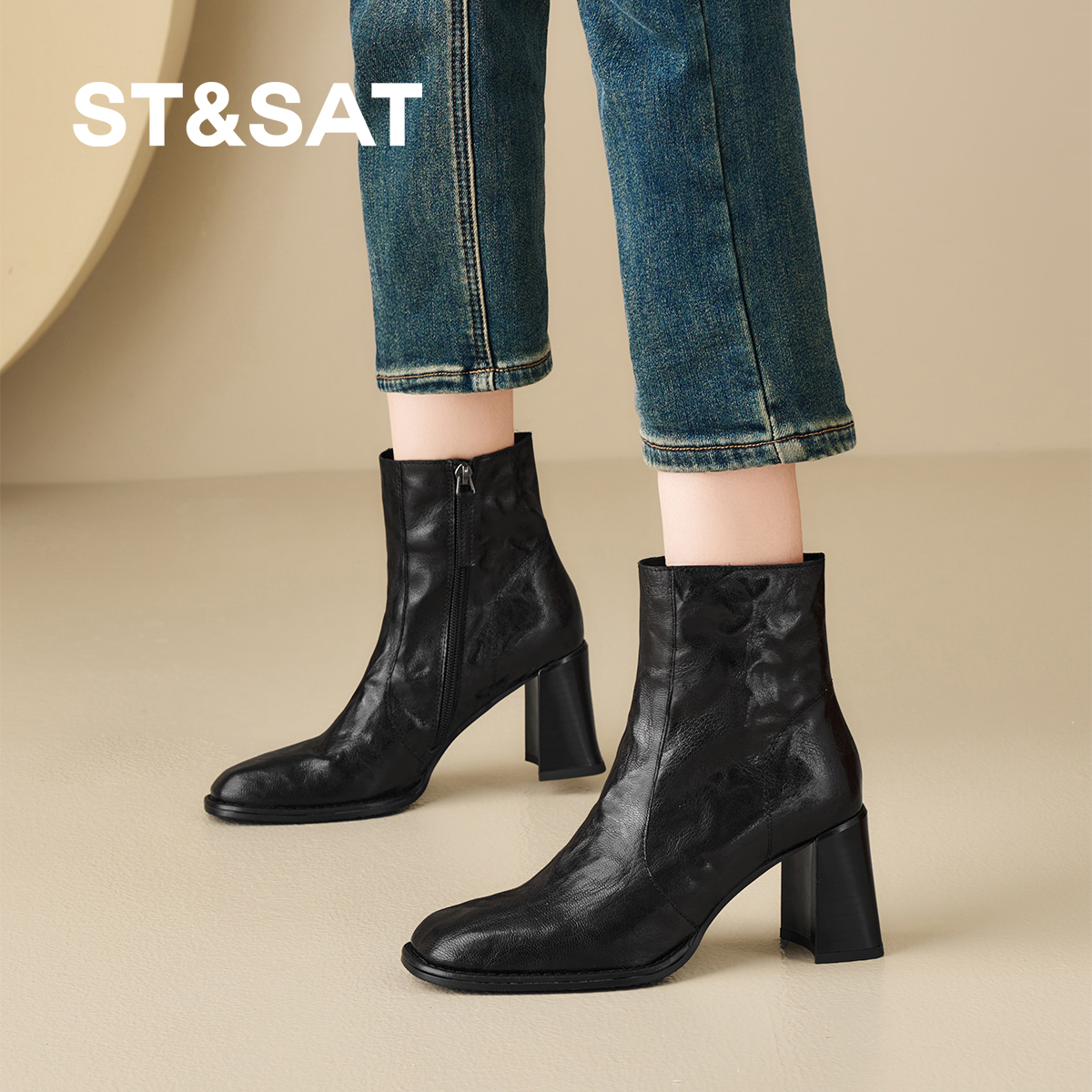 星期六新款法式方头短靴女粗跟皮质时装靴高跟瘦瘦靴百搭马丁靴