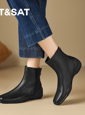星期六冬季新款黑色加绒短靴女平底瘦瘦靴舒适保暖厚底百搭时装靴