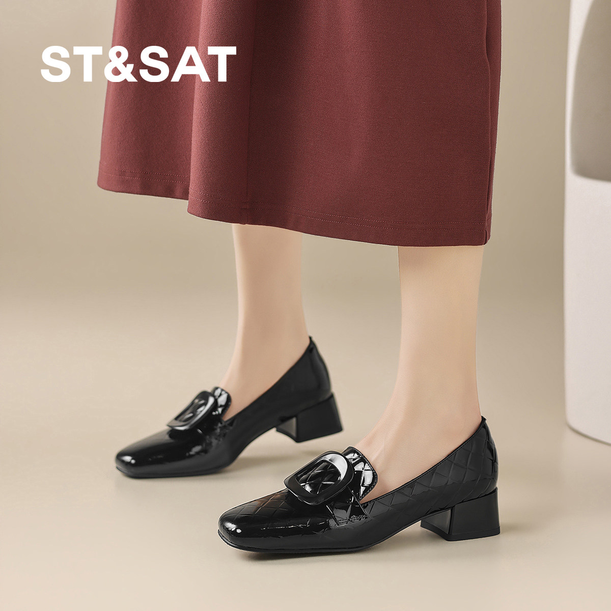 星期六方头粗跟牛皮乐福鞋女2026新款一脚蹬深口单鞋女软底不累脚,女鞋,深口单鞋,淘宝优惠券,粉丝福利购,淘宝优惠卷