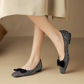 粗跟平底豆豆鞋 星期六方头小香风低跟单鞋 浅口女春夏季 软底不累脚