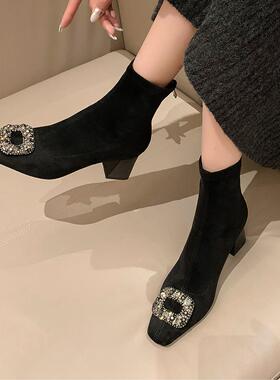 【弹力绒】星期六袜靴短筒秋冬季2026新款短靴女尖头高跟女靴