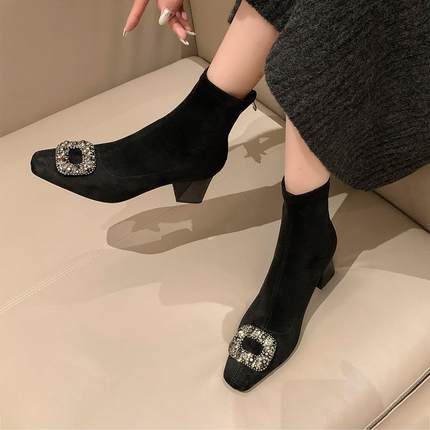 【弹力绒】星期六袜靴短筒秋冬季2025新款短靴女尖头高跟女靴