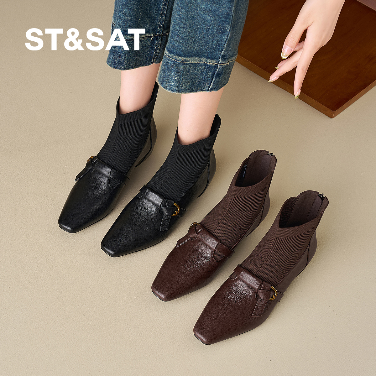 星期六2025新款方头厚底女短靴舒适百搭弹力靴加绒保暖软底时装靴