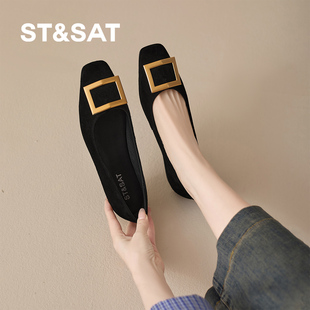 星期六羊绒平底单鞋女2026新款瓢鞋春秋平底鞋船鞋奶奶鞋黑色女鞋