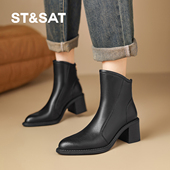 星期六2026新款 黑色粗跟短靴女真中跟踝靴冬季 加绒保暖厚底瘦瘦靴