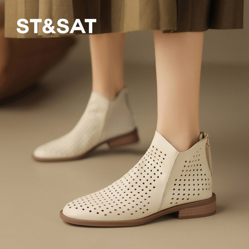 星期六透气网靴粗跟女靴