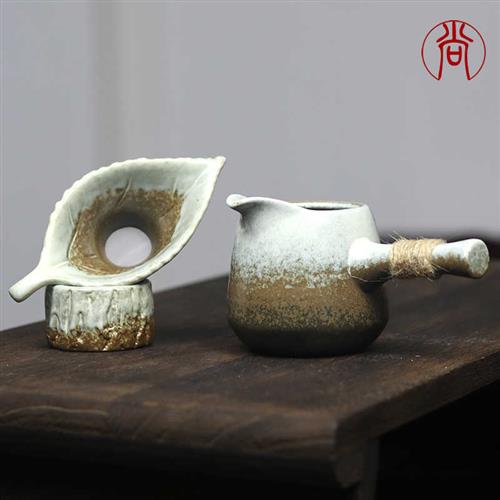 速发粗陶侧把仿古公道杯大容量分茶器紫砂茶漏一套装大号陶瓷公杯