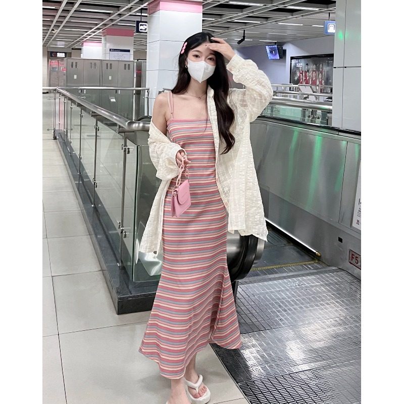 速发大码微纯胖欲少感穿搭条纹裙子抹连吊带胸衣裙外搭罩衫