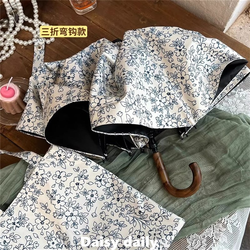 速发复古青花瓷碎花弯勾折叠雨伞两用轻便黑胶防晒防紫外线伞送手