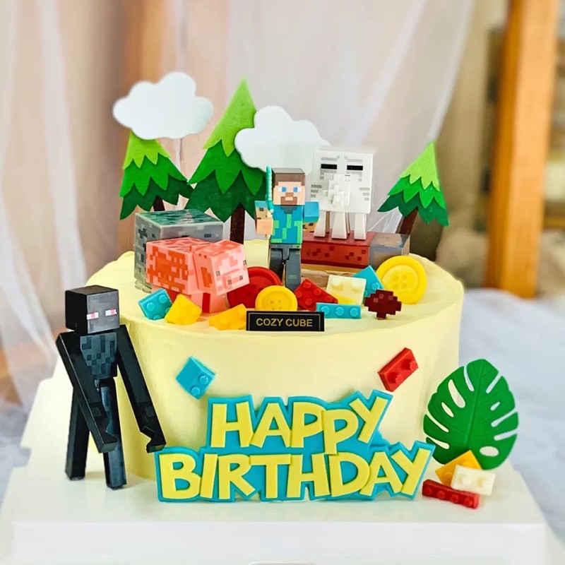 速发202我的世插生日蛋糕装饰品摆件积儿木童男孩界件配件