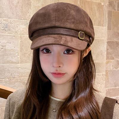 帽子女秋冬高级感麂皮绒八角帽复古英伦画家帽显脸小鸭舌贝雷帽