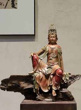 新中式家居水月自在观音菩萨客厅玄关茶室博古架鱼缸禅意佛像摆件