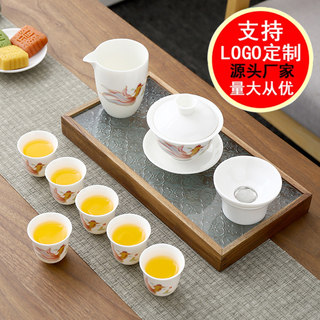 羊脂玉白瓷功夫茶具家用客厅整套茶具盖碗品茗杯logo定制现代茶杯