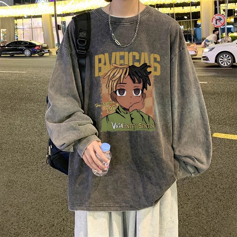 水洗做旧长袖t恤男ins潮牌港风休闲打底衫oversize小众设计感卫衣