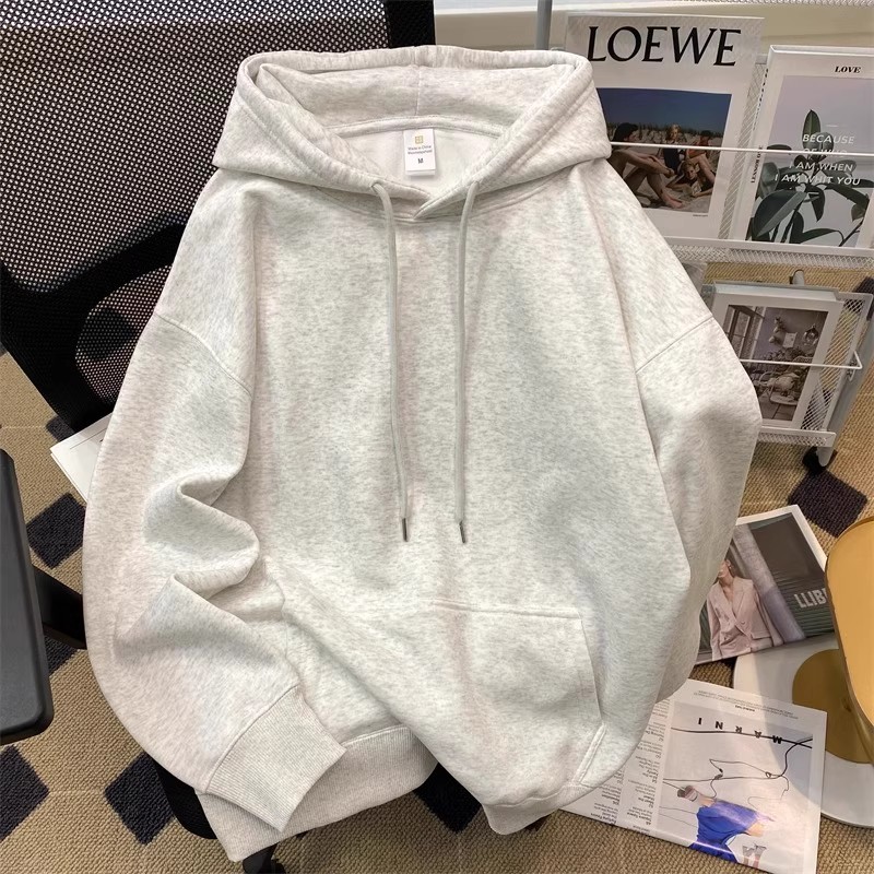 重磅纯棉白灰色连帽学生加厚卫衣简约男女款上衣秋冬加绒百搭外套