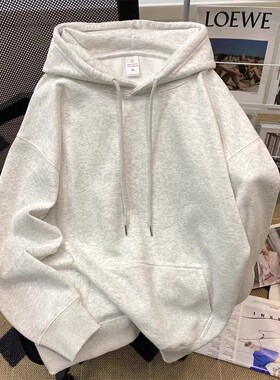 重磅纯棉白灰色连帽学生加厚卫衣简约男女款上衣秋冬加绒百搭外套