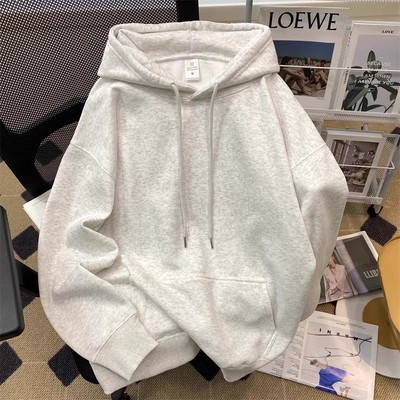 重磅纯棉白灰色连帽学生加厚卫衣简约男女款上衣秋冬加绒百搭外套