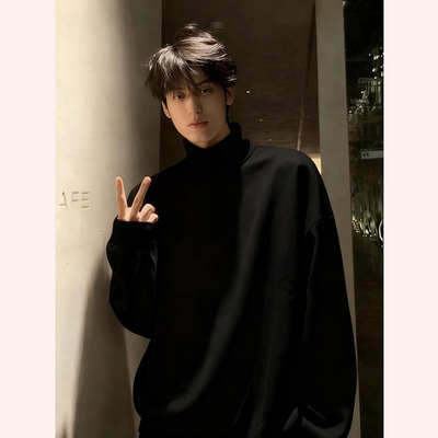 美式半高领德绒打底衫男款秋冬重磅加绒加厚卫衣内搭黑色长袖t恤