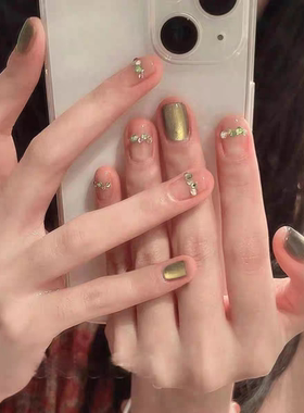 【初春】绿色猫眼纯手工穿戴甲短款高级感新款简约线条小钻美甲