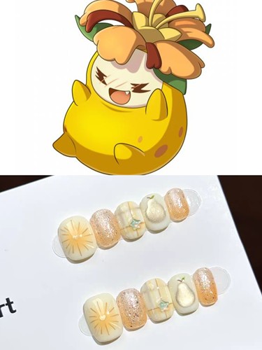 【洛克王国世界】萌物菊花梨可爱手工穿戴甲印象概念甲短款美甲