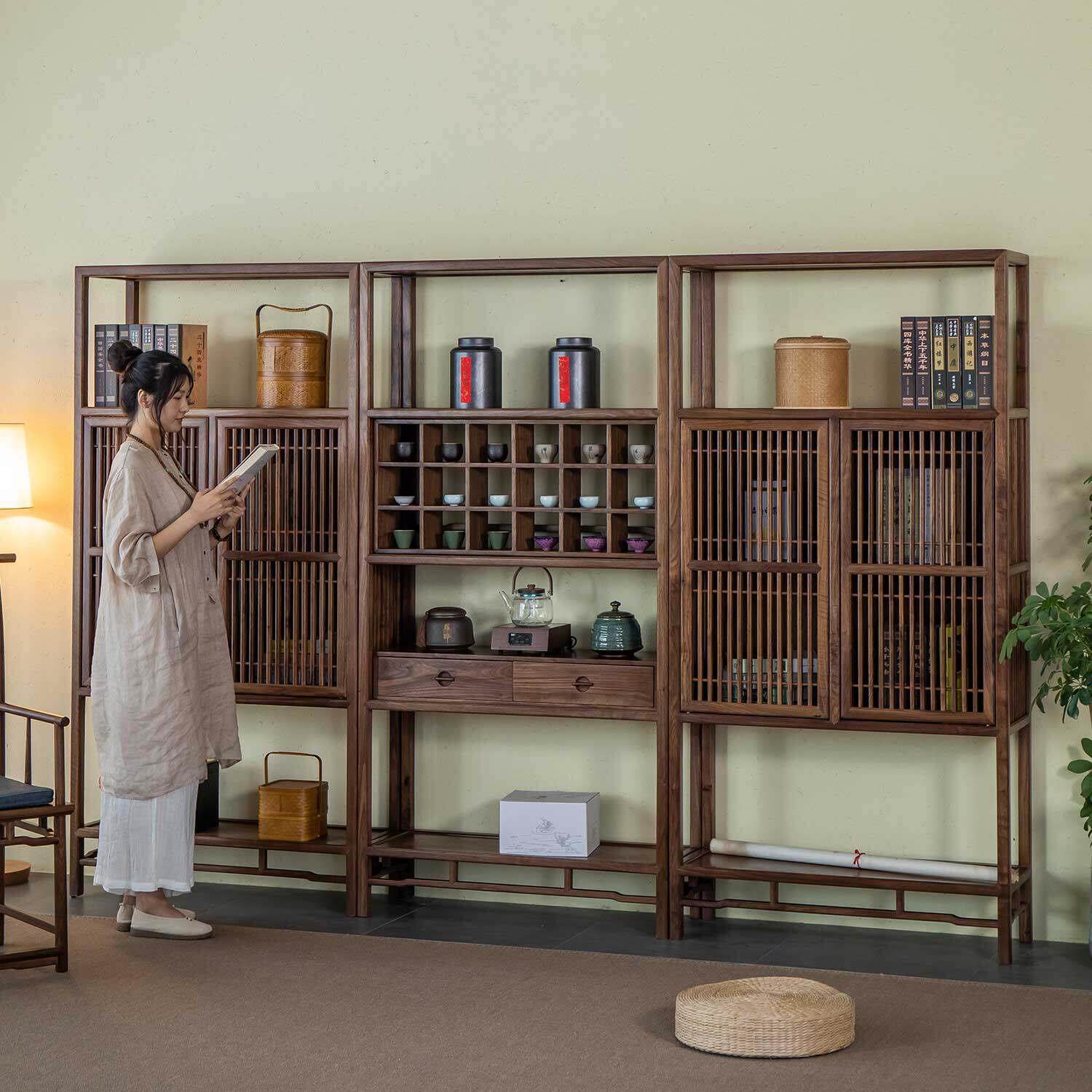 杪轩新中式黑胡桃书架实木茶叶置物架原木书柜禅意多宝阁博古架,住宅家具,多宝格/博古架,淘宝优惠券,粉丝福利购,淘宝优惠卷