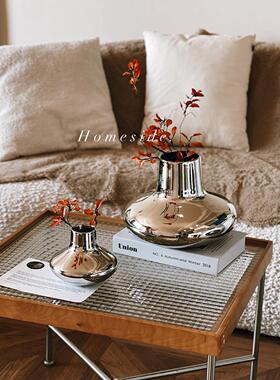 Homeside银墩墩花瓶北欧ins电镀镜面银色陶瓷圆肚花器样板间装饰