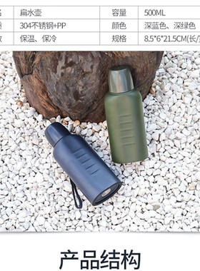 304不锈钢保温杯户外车载随大容量可携式军绿色扁水壶配件盖子刻