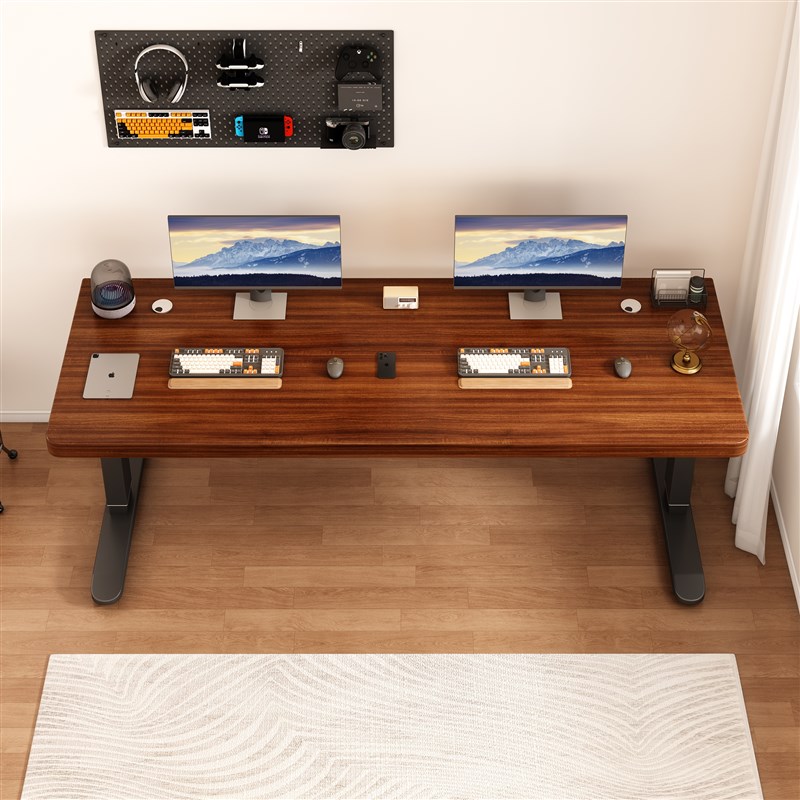 简易手摇升降桌实木电脑桌双人电竞桌家I用办公桌儿童学生学习书